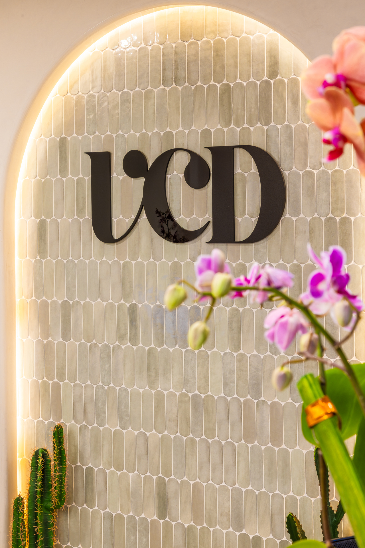 Close-up of the Vegas Choice Dental logo wall with warm lighting and orchids